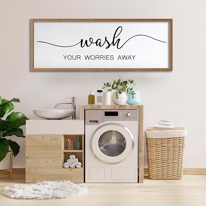 Wash Your Worries Away Wall Art Sign 32"×12" Laundry Room Large Wood Framed Restroom Toilet Wall Decor Hanging (Wood)