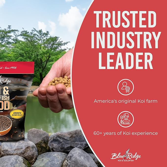 Blue Ridge Koi Fish Food 5lb - Koi Food 3/16” Large and Mini Blend Growth Formula, Goldfish Food, Premium Fish Food for Ponds, Ponds Fish Food, Floating Pond Pellets