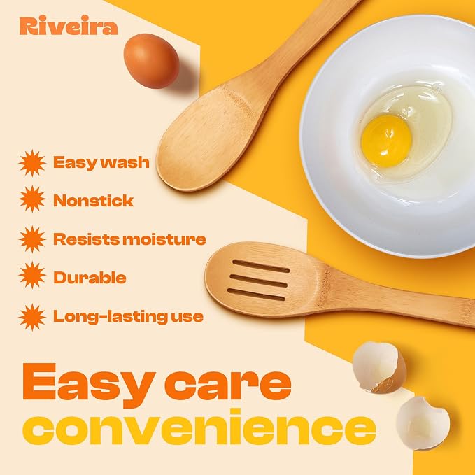 Riveira Bamboo Wooden Spoons for Cooking 3-Piece, Apartment Essentials Wood Spatula Spoon Nonstick Kitchen Utensil Set Premium Quality Housewarming Gifts for Everyday Use