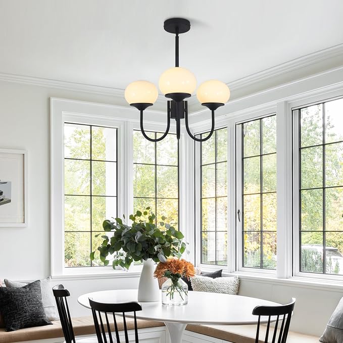 Mid Century Modern Pendant Light 3-Light Milk Glass Chandelier Frosted Globe Chandelier Black Sputnik Ceiling Light Fixture for Living Room Bedroom
