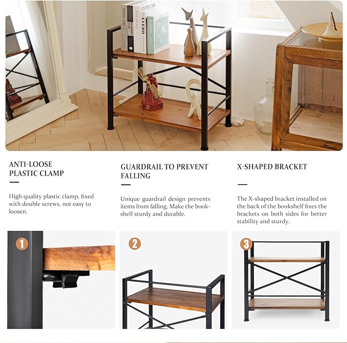 Rustic Bookshelf, 2 Tier Real Wood Bookshelf, Metal Book Shelf for Storage, Black Bookcase, 12.6" D x 23.62" W x 22.83" H