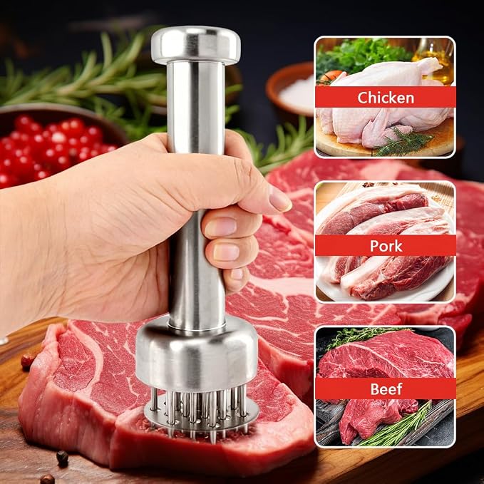 Stainless Steel Meat Tenderizer Tool, 21 Sharp Needles for Steak, Beef | Chicken Meat Tenderizer with Cleaning Brush and Seasoning Jars, Tenderizing for Chicken, Pork, Barbecue, Marinating Prep Tool