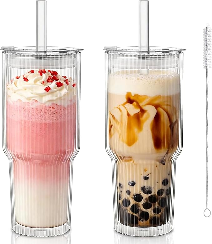 KEMORELA 28 oz Double Wall Glass Tumblers Set of 2, Extra-Wide 13mm Reusable Drinking Straws, Boba Tumbler, Wide-Mouth Water Cups for Iced Coffee, Smoothies, Boba & Tea Lovers (Ribbed)