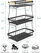 3-Tier Fruit Basket with Banana Hangers, Detachable Metal Bowl | Wooden handle, protective mats included. Versatile holder for bread, snacks, and veggies. Large 3 tier metal design.
