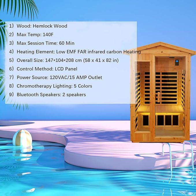 Saunas 902V Far Infrared Sauna, Outdoor Wooden Dry Sauna Low EMF (Hemlock Wood, 2-Person Size)