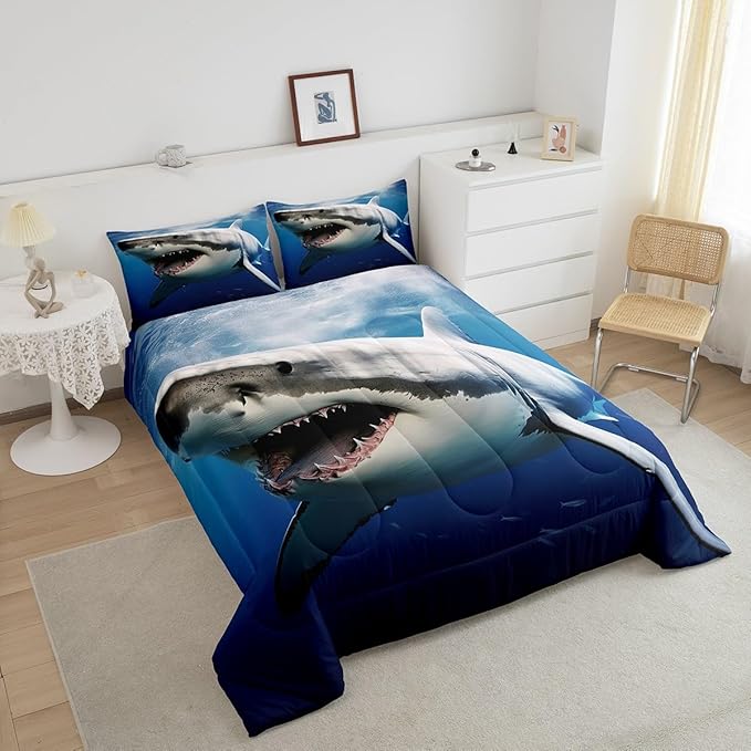 Kids Comforter Set for Boys Girls,3D Shark Fish Down Comforter 3 Piece Hawaiian Beach Theme Bedding Quilted Duvet Set Ocean Sea Animal Pattern Blue Duvet Insert for Toddler Teen Bedroom Decor,King
