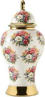 Ginger Jars for Home Decor, White Gold Ceramic Vase with Colorful Floral Pattern, Handmade Decorative Flower Vase with Lid for Home, Kitchen, Office, Table, Bookshelf, Mantle Fireplace,(18in)