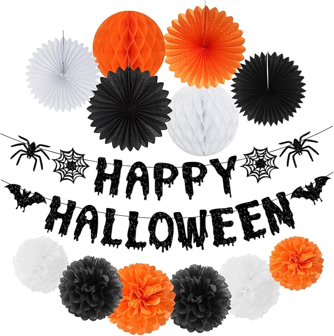 Orange Black Happy-Halloween Party Decorations - 13PCS Spider Web Bats Streamers Banner ,Paper Flowers Lanterns Tissue Pom Poms Fans, Classroom Birthday Bachelorette Hanging Supplies Decor Hugfond