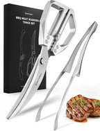 Korean BBQ Scissors Set with Tongs for Table-Side Meat Cutting & Sharing | Curved stainless steel scissors with a serrated inner edge and matching tongs for cooked meat; dishwasher safe