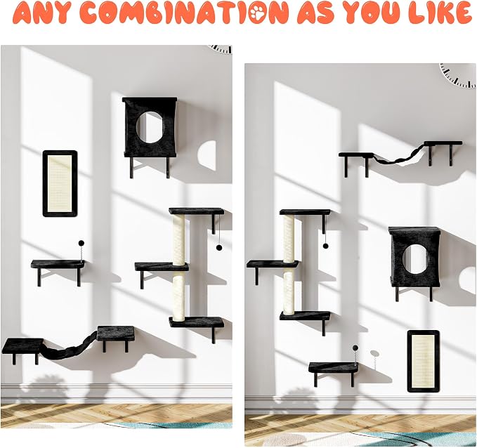 12-in-1 Cat Wall Shelves, Modern Wall-Mounted Cat Furniture, Wooden Climber Includes House, Bridge, Tree, Steps, and Scratcher, Space-Saving Cat Climbing Wall Systems, Black