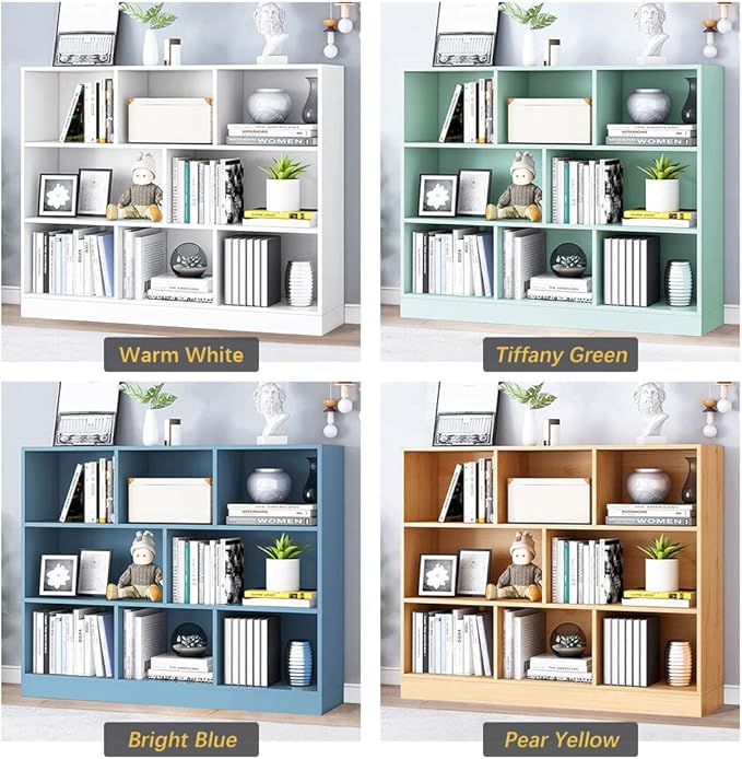 IOTXY Open Shelf Low Bookcase - Wooden 3-Tier Floor Standing Display Cabinet Organizer with Base, 8 Cubes Short Horizontal Bookshelf in Pear Yellow