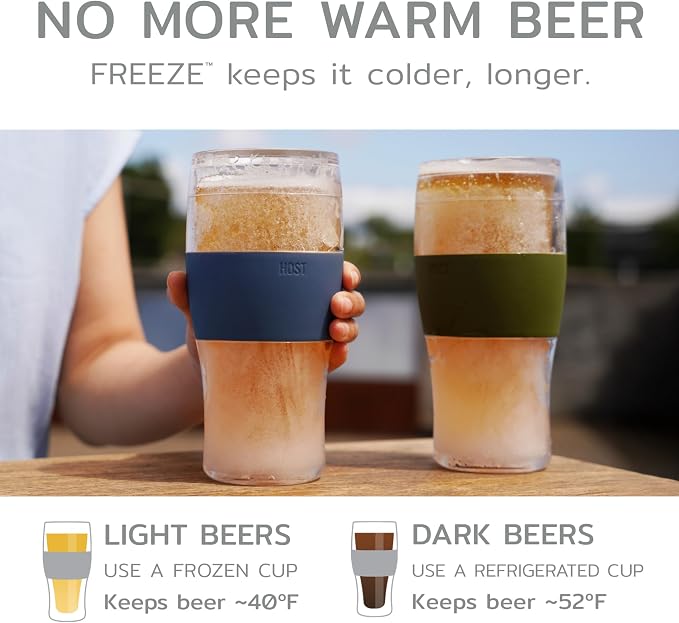 HOST Freeze Beer Glasses, 16 ounce Freezer Gel Chiller Double Wall Plastic Frozen Pint Glass, Set of 4, Black and Grey