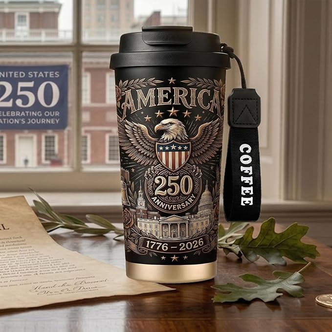 250th Anniversary Coffee Mug, 18 oz Insulated Mug, 250 Years America Garden Flag, Vintage Patriotic Design with 1776-2026 Dates, Military Anniversaries, Retirement & Holiday Commemorative Gift, Black