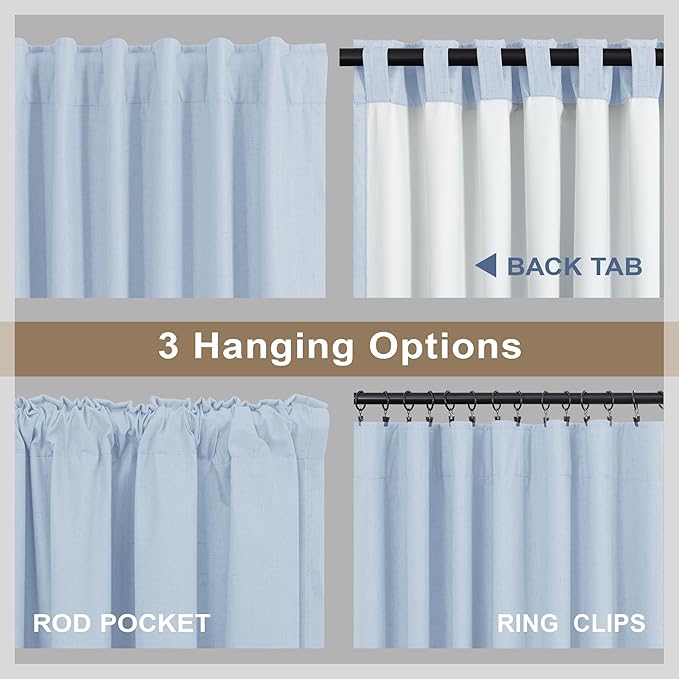 Light Blue Curtains 96 Inches Long for Living Room Linen Boho Blackout Room Darkening Back Tab Pleated Thermal Window Treatments Pale Blue Black Out Curtain Drapes for Bedroom Decor 96 Length 2 Panel