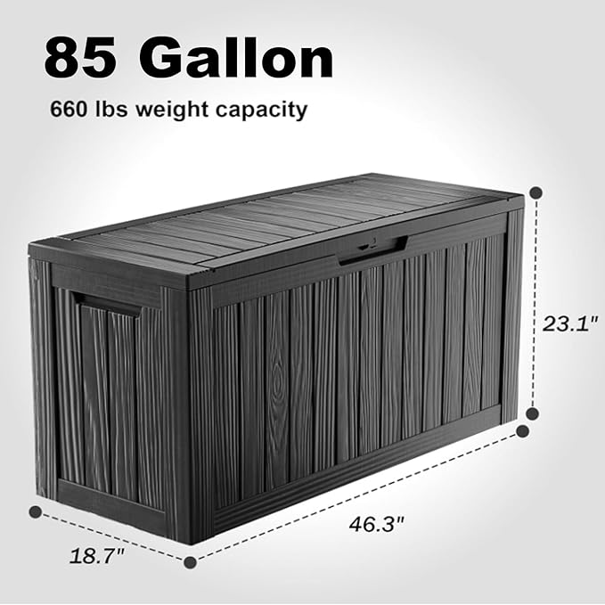 86 Gallon Outdoor Deck Box,Storage Lockable Waterproof Patio Furniture,Garden Tools,Cushions,Pool Accessories Outside Storage Resin Box(Black)