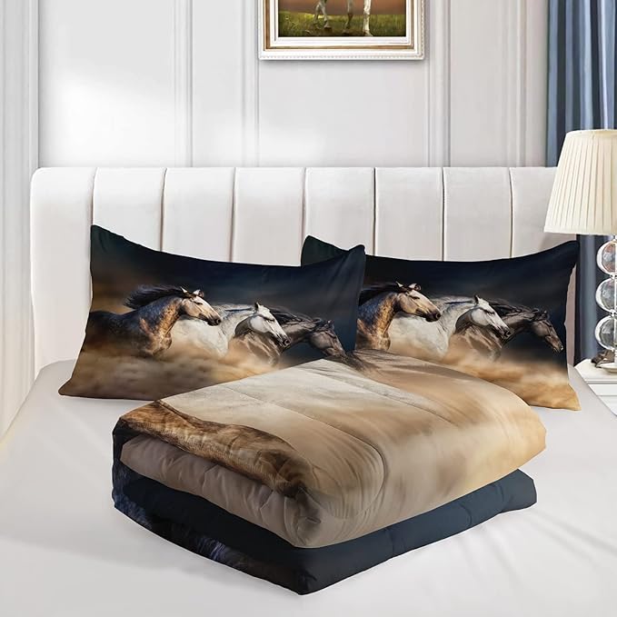Horse Comforter Queen Size,Galloping Horse Comforter Set for Kids Teens Girls Boys,3Pcs Bedding Set Printed Comforter with 2 Pillowcases,Soft and Lightweight，Queen Size