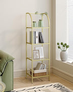 Bookcase Bookshelf, Tempered Glass Arched Bookshelf for More Storage, Slim Shelving Unit for Bedroom, Bathroom, Home Office, Steel Frame, 4 Tier Gold BC20499G