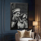 UXCBIA Sailor And Bulldog Smiling, Vintage English Black And White, Funny Dog Poster Canvas Poster Bedroom Decor Sports Landscape Office Room Decor Gift Black Frame 16x24in(40x60cm)