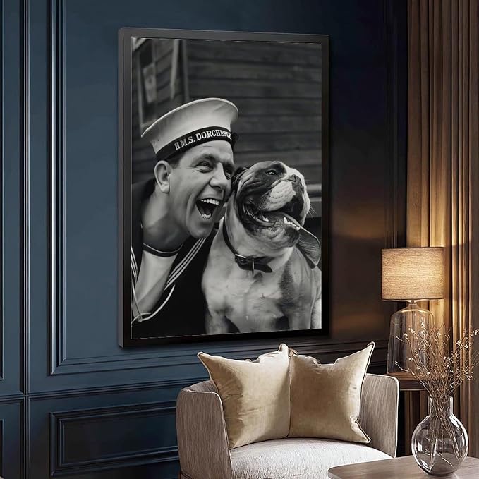 UXCBIA Sailor And Bulldog Smiling, Vintage English Black And White, Funny Dog Poster Canvas Poster Bedroom Decor Sports Landscape Office Room Decor Gift Black Frame 16x24in(40x60cm)