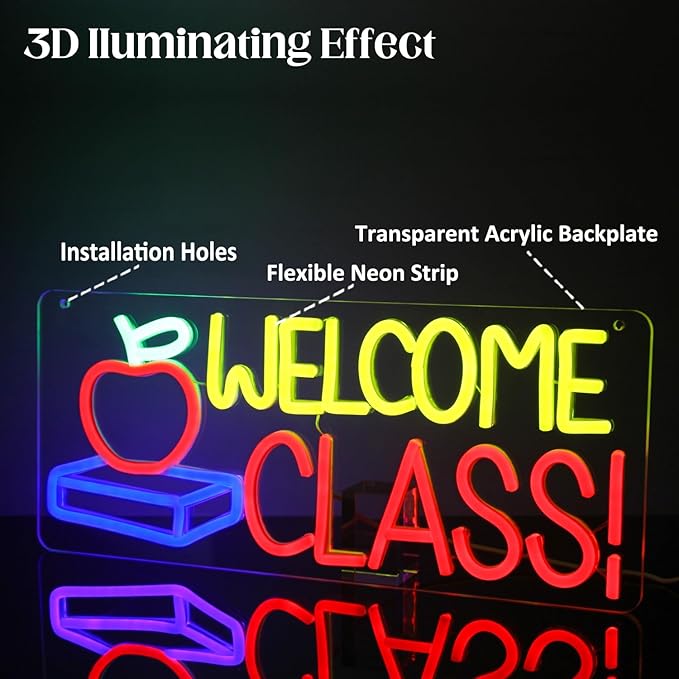 Welcome Class Neon Sign Student Classroom Neon Lights Apple Book LED Signs for Wall Colorful Back to School Wall Art Neon Light Up Signs for Classroom School Opens Party Decorations