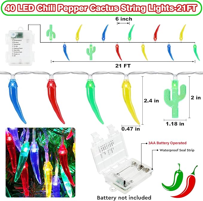 21FT [ 8 Modes & Timer ] Chili Pepper String Lights 40LED Fairy Lights Battery Operated for Indoor Outdoor Garden Pool Birthday Mexican Party Wedding Christmas Summer Tropical Decor