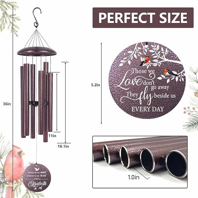 ASTARIN 36" Large Deep Tone Personalized Name Sympathy Wind Chimes, Cardinal Memorial Wind Chime for Loss of Mother Father Loved One, Bereavement Condolence Gifts Decor Outdoor Patio Garden
