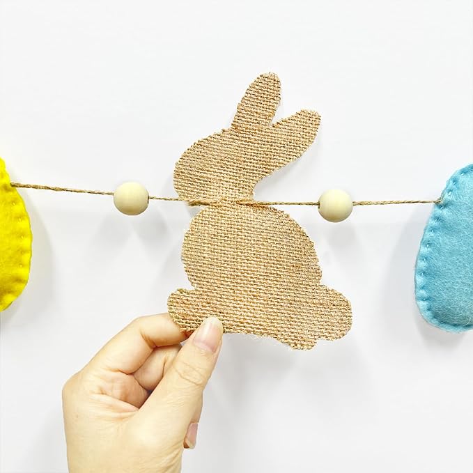 Easter Party Decorations Burlap Rabbit Bunny 3D Felt Egg with Wood Beads Garland Felt Easter Sign Burlap Pennant Banner Flag with Pastel Ribbon for Easter Spring Birthday Baby Shower Party Supplies