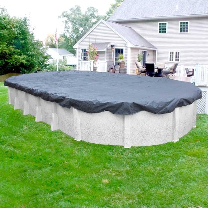 Pool Mate 10 x 15 ft Blue Winter Oval Pool Cover for Above Ground Pools, 3 ft Overlap (13 x 18 ft Cover Size), Solid 7 x 7 Scrim, 2.2 oz/yd2, 8-Year Warranty, Style: 461015-PMA