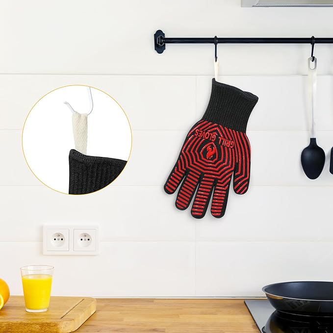 QUWIN BBQ Gloves, BBQ Accessories 1472℉ Extreme Heat Resistant, Grilling Gloves Silicone Non-Slip Oven Mitts, Kitchen Gloves for BBQ, Grilling, Cooking, Baking-1 Pair 11inch, Red