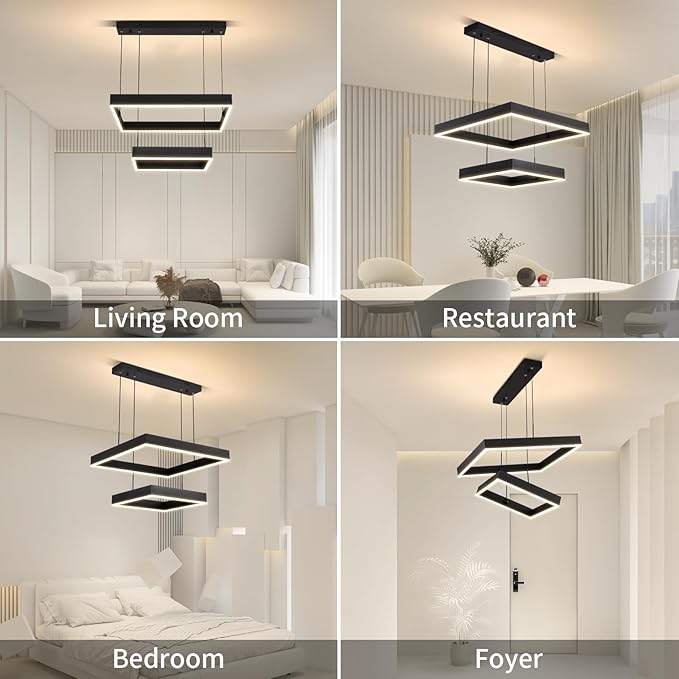 Modern Led Rectangle Chandelier for Dining Room, Dimmable Black Modern Chandelier with Remote, Adjustable Foyer Lighting Fixture