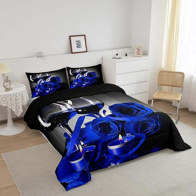 Erosebridal Rose Wine Glass Comforter Set for Girls Royal Blue Rose Bedding Twin Botanical Floral Quilt Set 3D Print Flower Romantic Valentine's Day Duvet Set, Women Men Adult Grey Black Comforter
