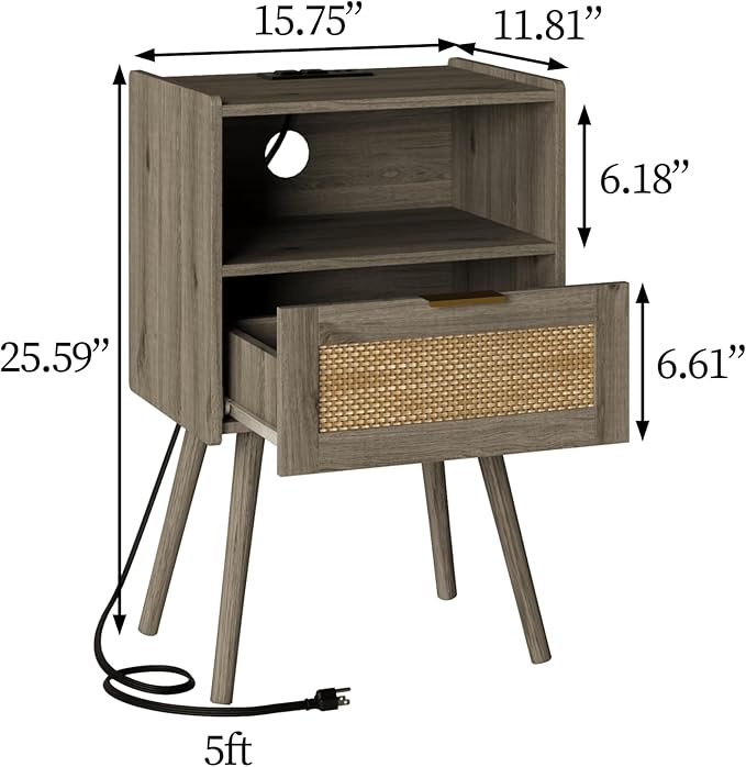 Rattan Nightstand with Outlet,Modern Bedside Table with Storage Drawer and Open Wood Shelf, for Living Room, Bedroom and Small Spaces, Accent Night Stand with Solid Wood Legs,Grey Oak