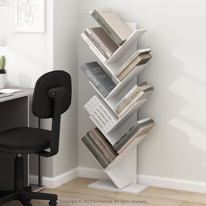Furinno Tree Bookshelf 9-Tier Floor Standing Tree Bookcase, White