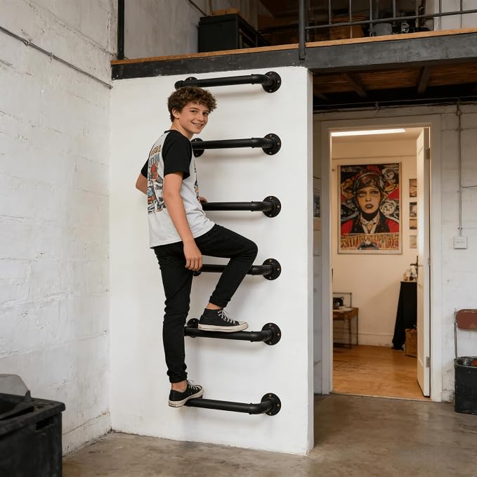 Wall Mounted Ladder, 1 Rung Steel Step - 6 Pack for Emergency Escape & Loft Access | 700LB Capacity, All-Weather Black Finish, with Expansion Bolts for Indoor/Outdoor