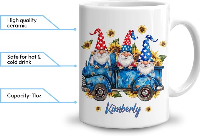 Hyturtle Personalized Gnome Sunflower Coffee Mug, 4th of July Mug | Gifts For Gnome Lovers - Patriotic Gnomes - Gnomies Gifts For Women - Custom Name 11oz White Ceramic Coffee Tea Cup