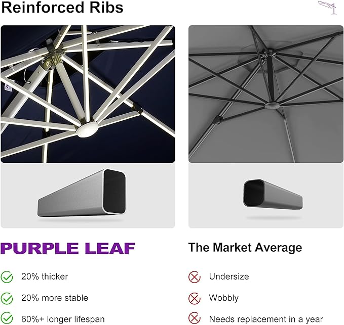 PURPLE LEAF 10' X 10' Solar Powered LED Patio Large Umbrella Offset Double Top Hanging Umbrella Outdoor Market Umbrella for Garden, Spectrum Indigo