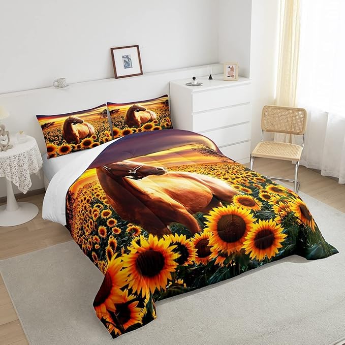 Erosebridal Brown Horse Comforter Set King Size for Kids Adult Teens Farmhouse Decor Sunflower Bedding with Sunset, Cowboys 3D Wild Animal Horse Print Quilt Rustic Style Cowgirls Down Comforter