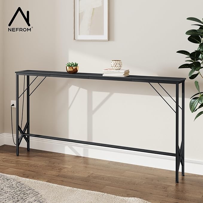 63'' Console Table, Skinny Entryway Table with Fast-Charging Station, Narrow Long Sofa Table, Behind Slim Couch Table for Entrance, Hallway, Living Room Decor ST-BK160-1