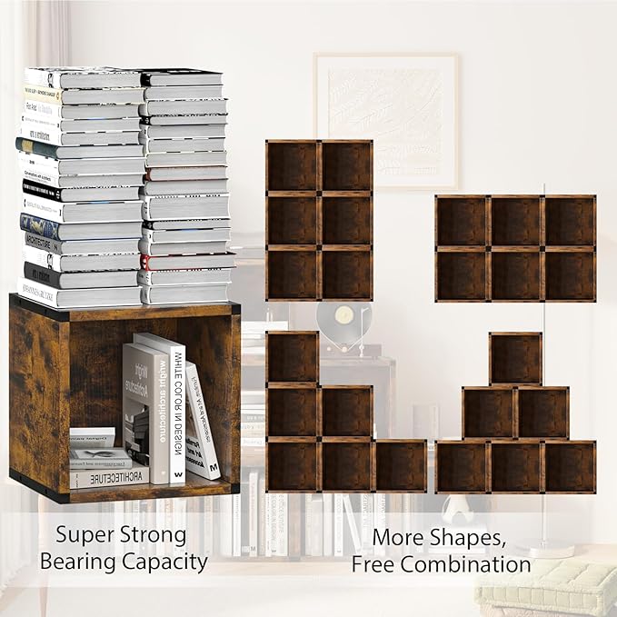 Cube Storage Organizer with Wheels Connect Firmly to Each Other, Book Shelf Assembly Required, Suitable for Room Decor, Closet Organizers and Storage, Display Shelf (Rustic Brown, 10.39*10.39"+Wheels)