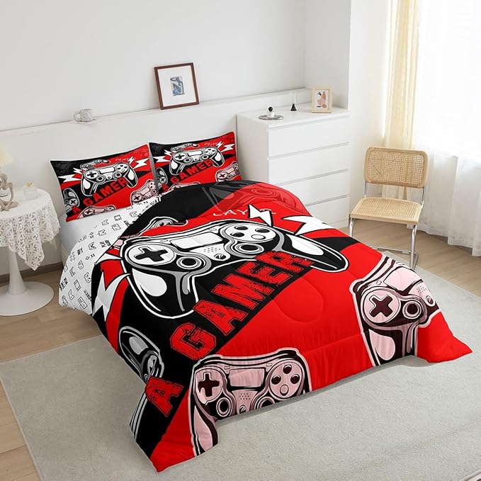 Erosebridal Gamer Comforter Sets for Boys Full Size,Gaming Bedding Sets for Boys Kids Teens Gamepad Gaming Comforter Set Game Room Decor,Red Black 3Pcs
