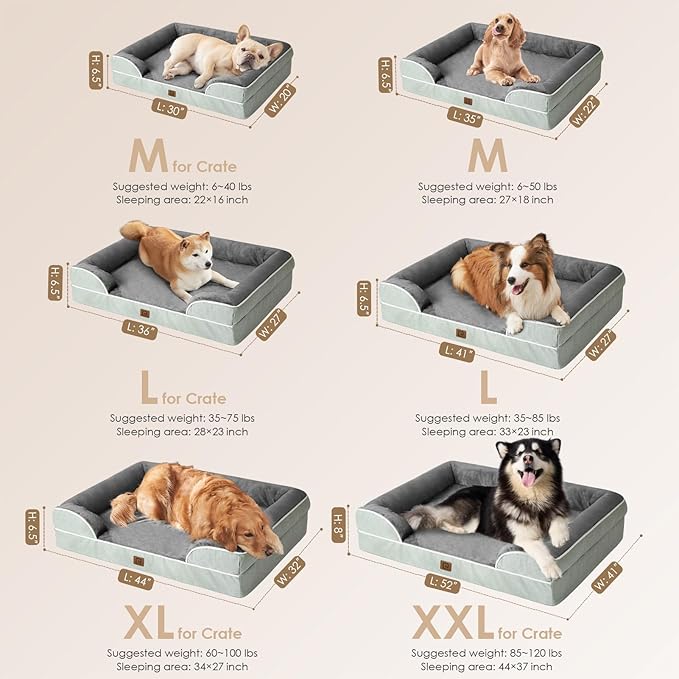 EHEYCIGA Orthopedic Dog Beds for Large Dogs, Waterproof Memory Foam Large Dog Bed with Sides, Non-Slip Bottom and Egg-Crate Foam Large Dog Couch Bed with Washable Removable Cover, Greyish Green