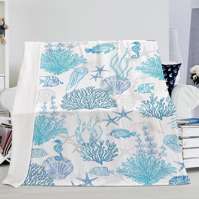 Blue Ocean Beach Throw Blanket Nautical Coastal Bed Blanket Starfish Seashell Coral Blankets Super Soft Flannel Fleece Throw Blanket for Couch Bed Decor “50 x60”