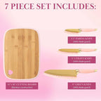 Paris Hilton Bamboo Cutting Board for Kitchen, Reversible Cutting Board and Cutlery Set with High Carbon Stainless Steel Knives and Blade Guards, Comfortable Handle Grips, 7-Piece Set, Gold and Pink