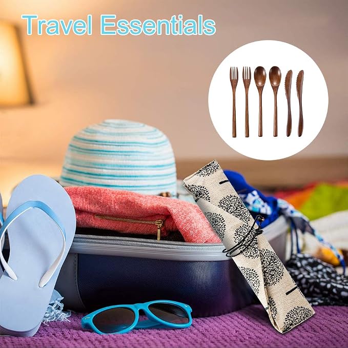 Wooden Spoon Fork Knife Eating Flatware Set Portable Utensil Set with Case, Reusable Wooden Cutlery Travel Utensils Set, 2 Spoons and 2 Forks and 2 Knives (Color 2)
