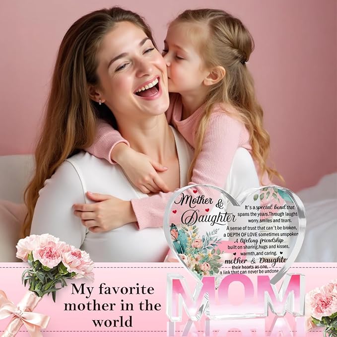 Mothers Day Gifts Best Mom Gifts -Gifts for Mom from Daughter Son - Best Mom Ever Gifts Unique Mother Birthday Acrylic Heart-Shaped Plaque Desk Decorations Present for Mom Christmas Anniversary