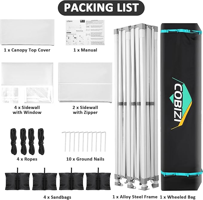 COBIZI 13x26 Pop Up Canopy with 6 Sidewall,Heavy Duty Canopy UPF 50+ All Season Wind Waterproof Commercial Outdoor Wedding Party Tents for Parties Canopy Gazebo with Roller Bag(13 x 26 ft White)