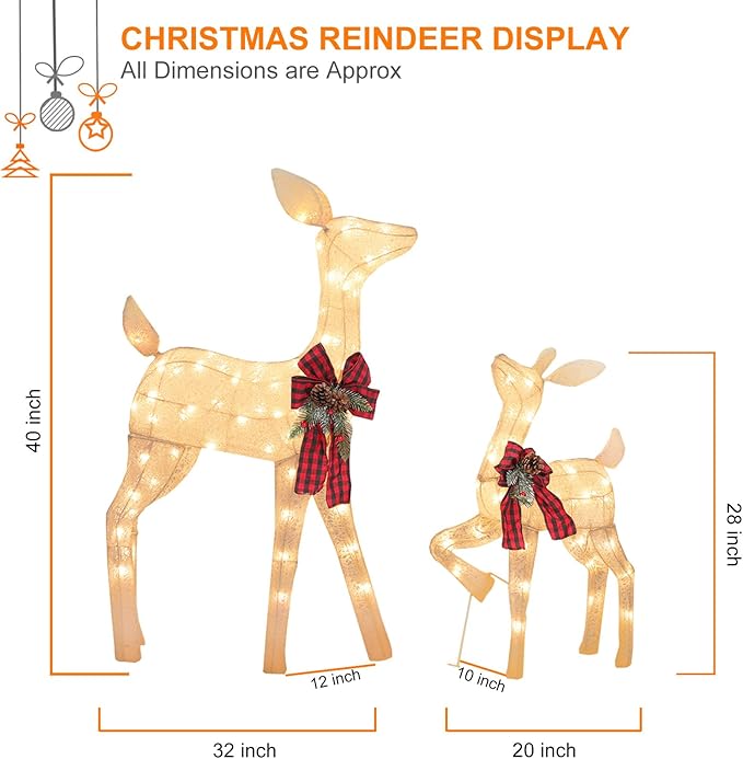 2 Pcs Reindeer Christmas Decoration, Xmas Lighted White Shimmering Doe and Fawn Display Set with 105 Warm White Lights for Yard Lawn Indoor Outdoor