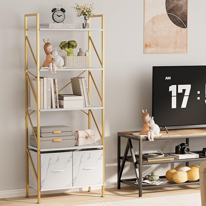 5 Tier Industrial Bookcase Shelf for Bedroom/Living Room/Home Office,Rustic Tall Storage Rack with 2 Drawers,Open Display Standing Shelf Units Shelves for Books and Movies, 22.4 in (Gold,2 Drawers)
