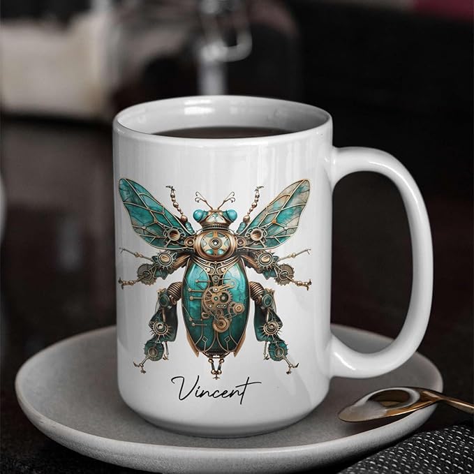Unique Mechanical Insect Art Ceramic Cup, Personalized Steampunk Beetle Design Coffee Mug 11oz, Custom Name White Mug For Science Fiction Enthusiasts, Customized Insect Ceramic Mug