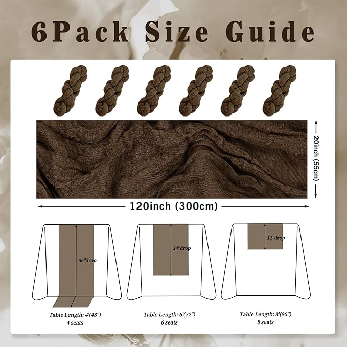 10FT 6 Pack Brown Cheesecloth Table Runner 20 x 120 Inch Long Boho Fabric Rustic Cheese Cloth Table Runner for Wedding Bridal Shower Baby Shower Gauze Sheer Birthday Party Table Decorations